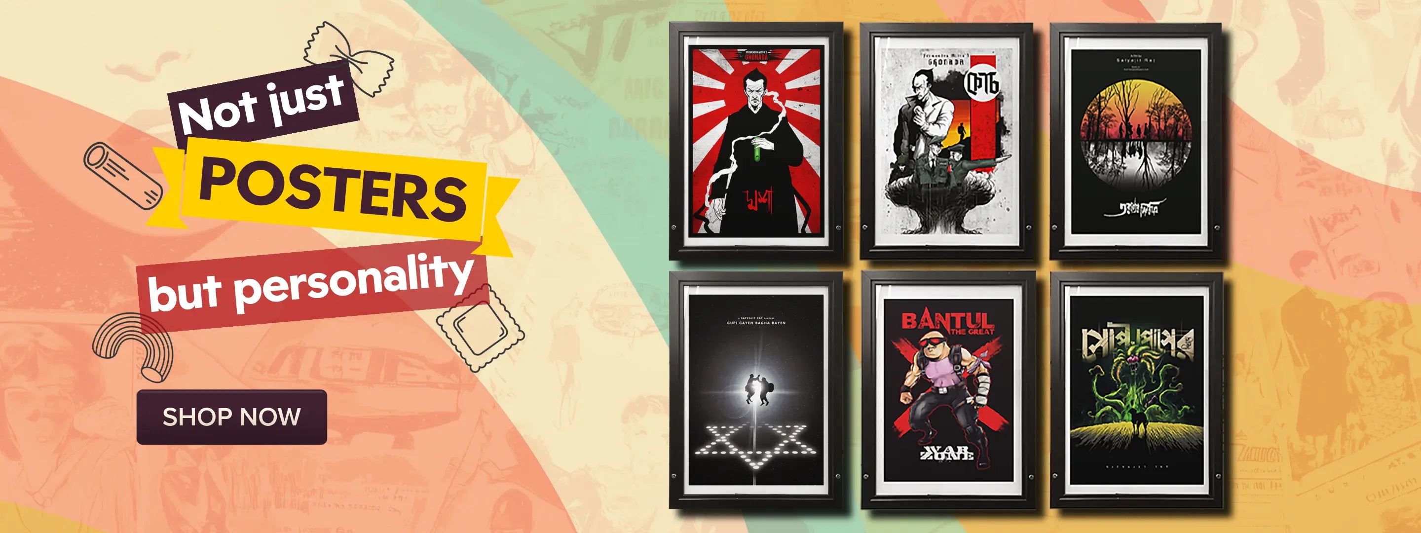 Promotional banner for custom framed posters featuring six different band and movie posters on the right, with text on the left reading 'Not just POSTERS but personality' and a 'SHOP NOW' button.