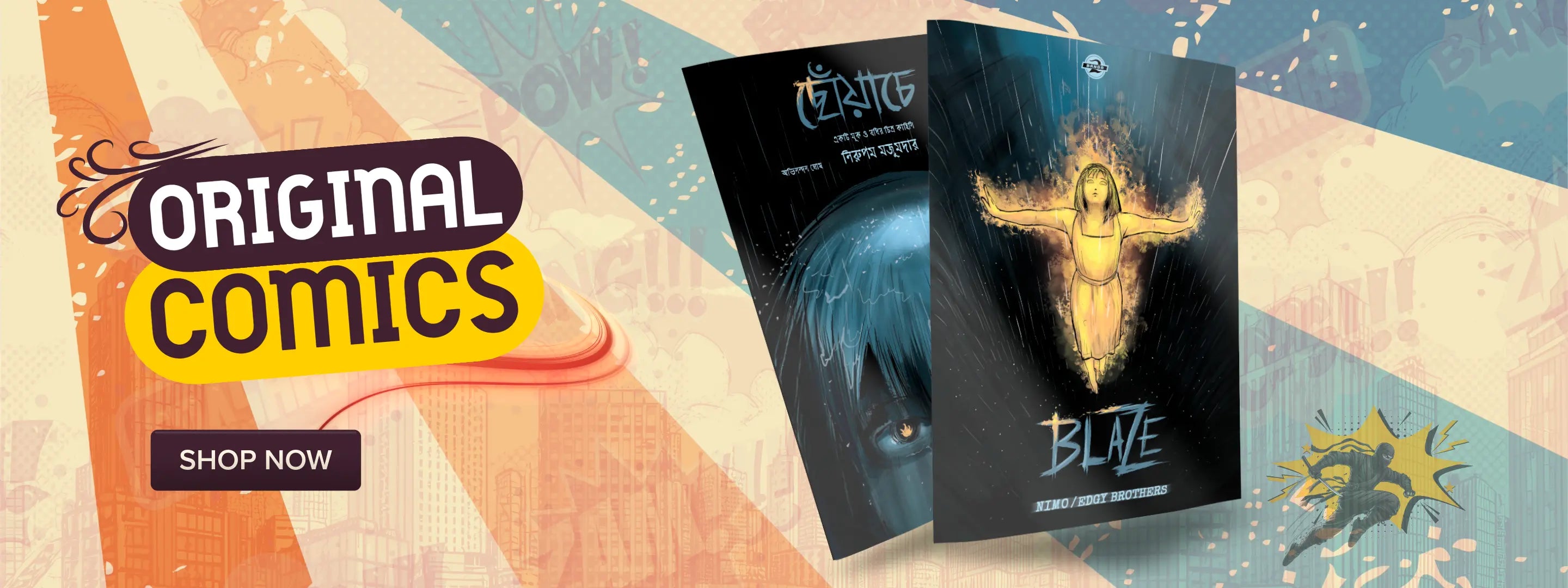Promotional graphic for original comics featuring two comic book covers, one titled 'CERITIC' and the other 'BLAZE', with a large 'ORIGINAL COMICS' banner and a 'SHOP NOW' button on a stylized orange, beige, and blue background.